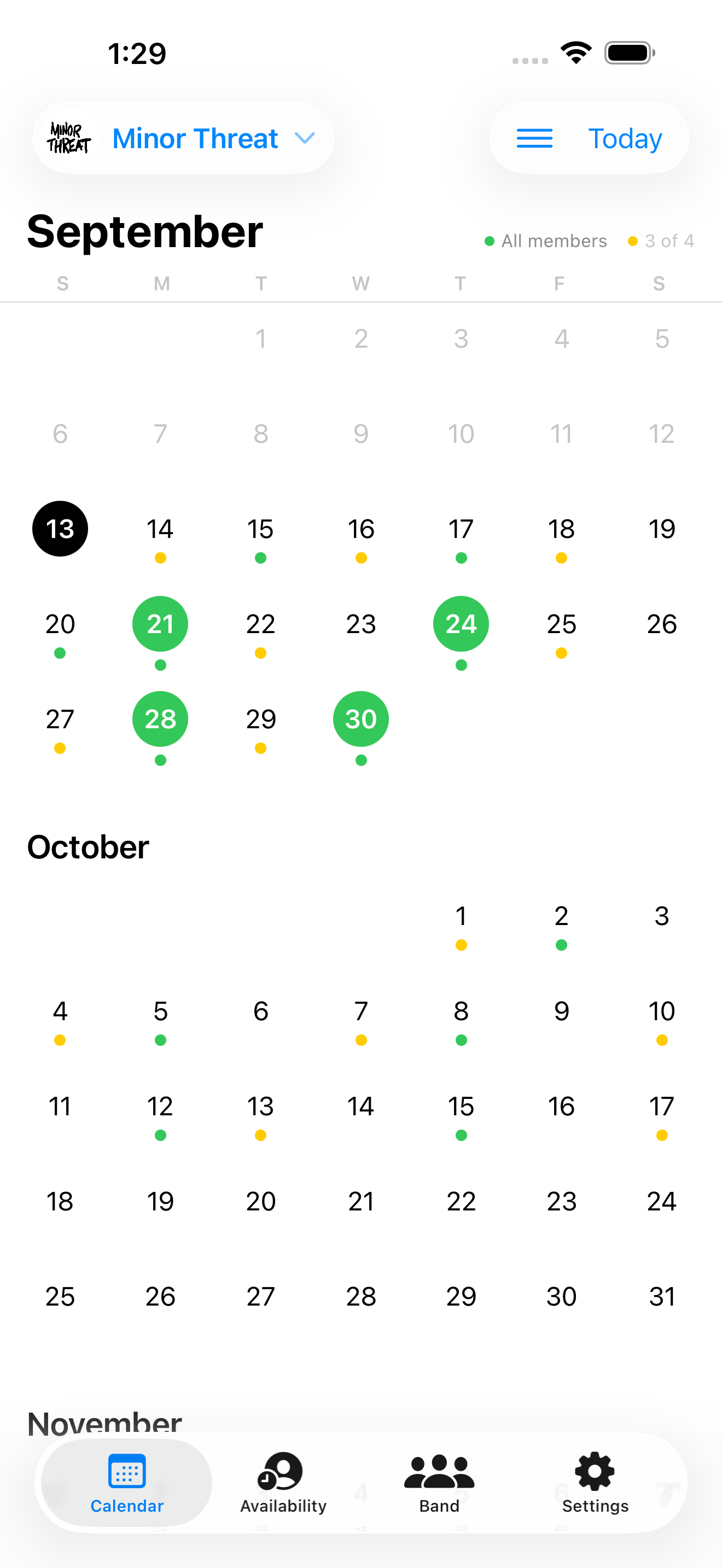 Band Practice Calendar month view in light mode with shared availability indicators.