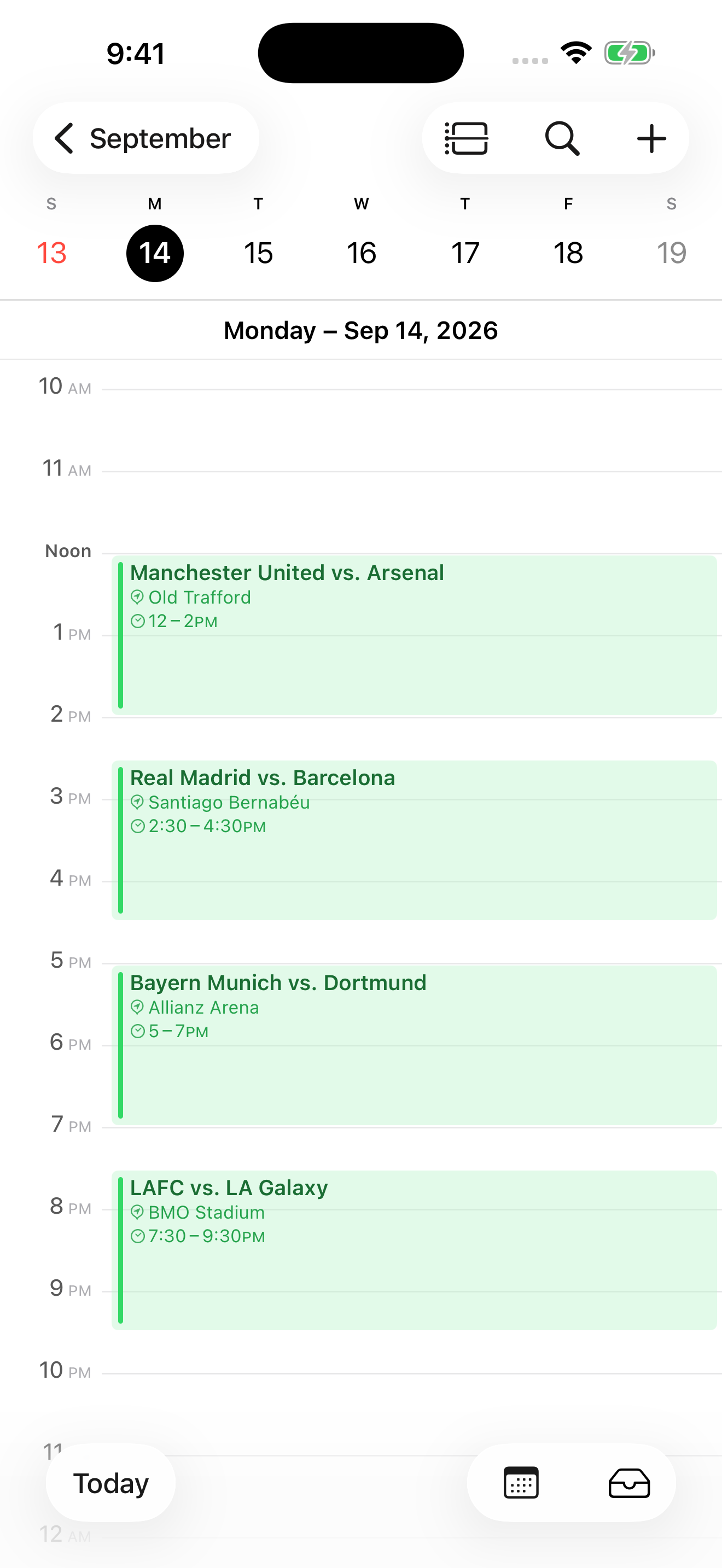 Sports Calendar Sync calendar screen with upcoming matches.